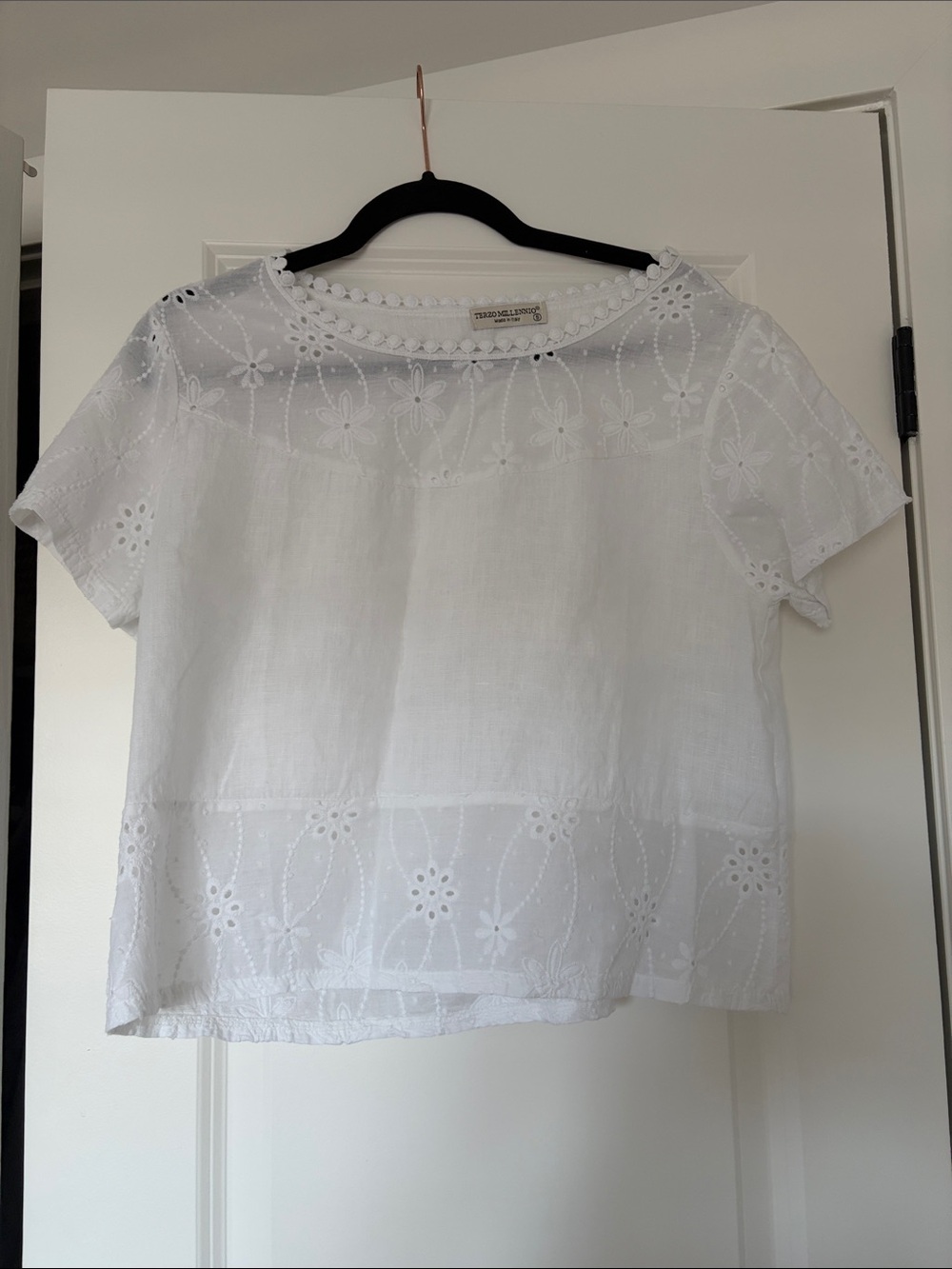 White Linen T-Shirt with Eyelet Detail